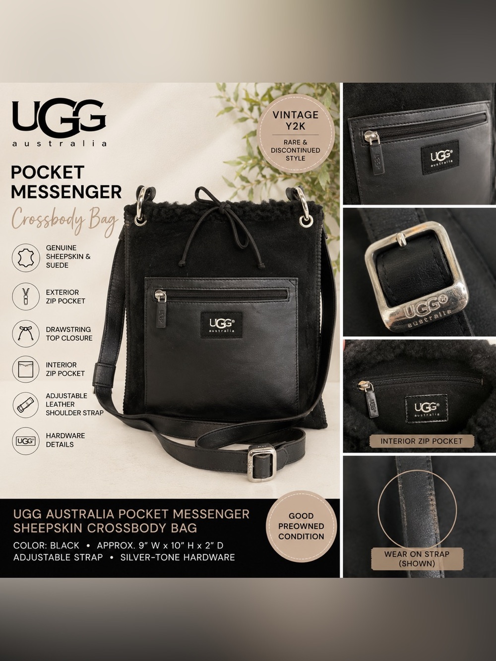 Vintage Y2K UGG Australia Pocket Messenger Black Sheepskin Suede Crossbody Bag